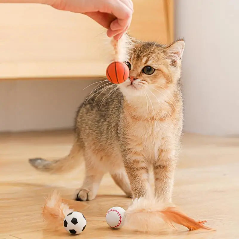 Cat Interactive Ball Toys Interactive Bouncy Ball with Feathers Rubber Cat Toys Bouncy Balls Cat Game Toy Cat Training Catcher